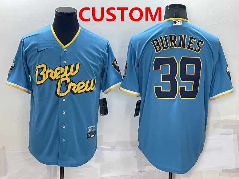 Men%27s Milwaukee Brewers Custom Blue 2022 City Connect Cool Base Stitched Jersey->customized mlb jersey->Custom Jersey